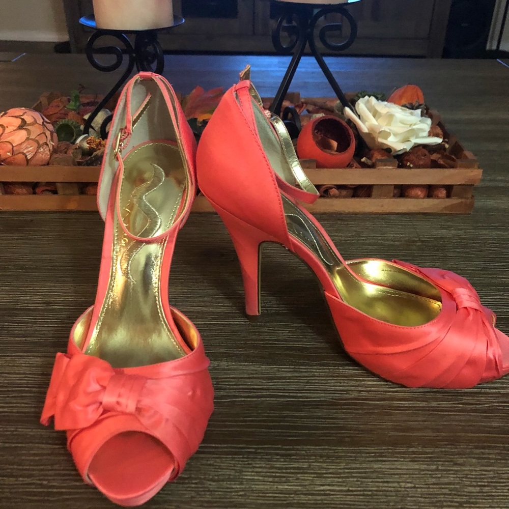 Coral/Salmon Emmylou Satin Platform Pumps Heel